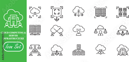 Cloud Computing and Server Infrastructure Linear Icons: SaaS User Access, Secure Database Hosting, and Reliable Network Management Symbols