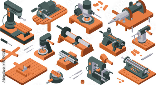 Isometric woodworking machines collection with drill press wood lathe milling machine and carpentry workshop equipment for wood processing