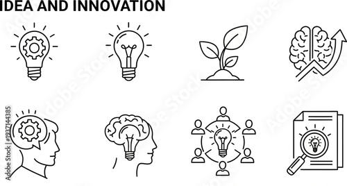 idea and innovation concept with various related icons and symbols on white background