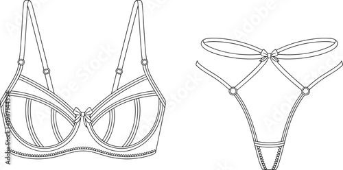Women lingerie set technical fashion sketch bra and thong front and back view, strappy underwear design template apparel line drawing