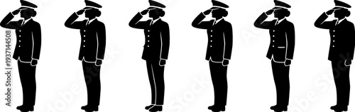 Five soldiers in various saluting positions in uniform isolated on white background