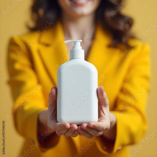 Mockup holding by woman of advertising product. Generative ai.