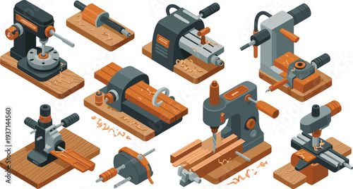 Isometric woodworking machines set with drill press lathe milling machine and carpentry workshop equipment for wood processing illustration