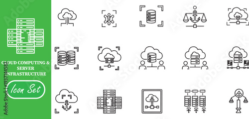 Cloud Computing and Server Infrastructure Icon Set: SaaS User Management, Reliable Data Hosting, and Network Security Concepts