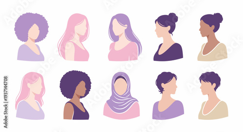 Diverse group of women with different hairstyles and headscarves