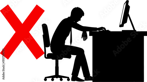 Man sitting at desk with bad posture in front of computer monitor with red X symbol