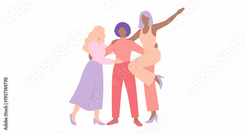 Diverse women dancing together in colorful outfits with joyful expressions