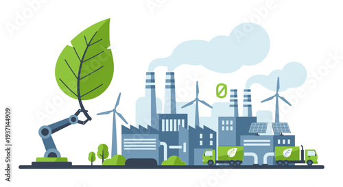 Sustainable Industry Transformation: Robotic Arm with Leaf, Green Factories, Wind Turbines, Solar Panels & Eco-Logistics for a Carbon-Neutral Future