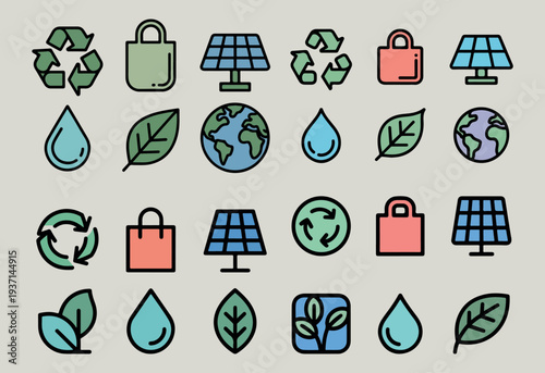 Set of six environmental icons with recycling leaf water solar panel