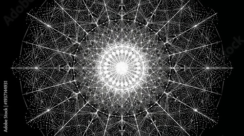 Complex network structure with central hub and radiating connections.