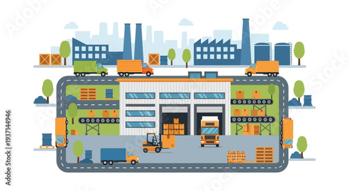 Logistics and Supply Chain Management Illustration: Warehouse, Delivery Trucks, Forklift, and Industrial Factories for Global Shipping and Storage