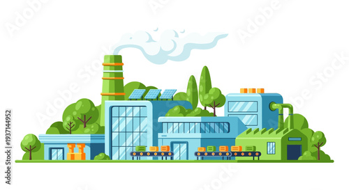 Modern Green Factory with Solar Panels and Production Lines. Sustainable Manufacturing Plant Integrating Renewable Energy for Eco-Friendly Industry.