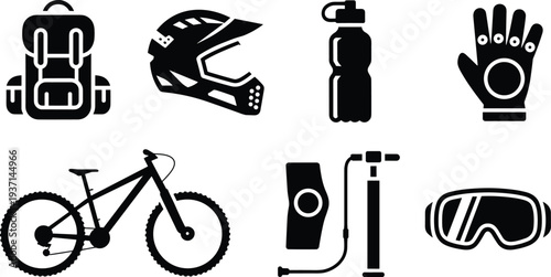 Minimalist mountain biking equipment icons set with bicycle helmet backpack pump gloves goggles and water bottle