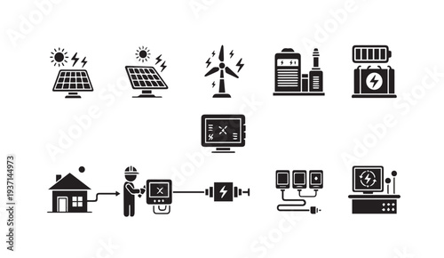 Renewable energy icons for sustainable power solutions and eco friendly technology