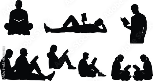 People reading books silhouettes vector illustration set students sitting standing and lying with books education learning concept isolated