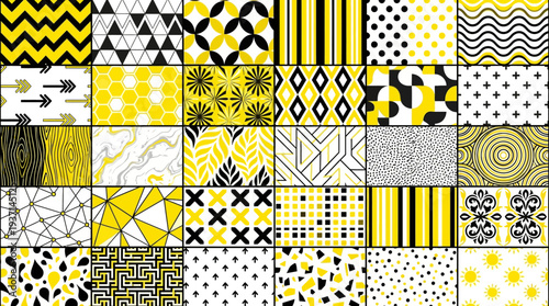 Collection of yellow black and white geometric patterns and designs.