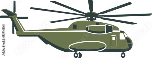 Military transport helicopter vector illustration, heavy cargo chopper aircraft side view, aviation defense vehicle isolated design