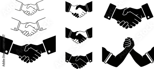 Various handshake icons in black and white on transparent background for business and partnership concepts