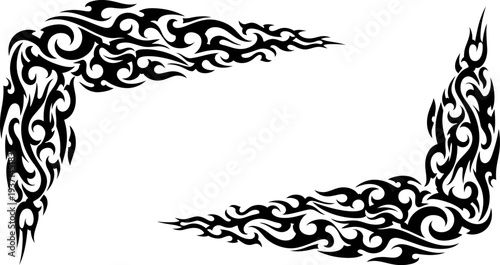 flame tattoo border design element with swirling black and white patterns