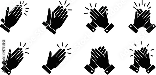 black hands clapping in different positions with lines indicating motion on white background