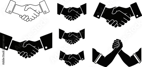 set of handshake icons in black and white for business partnership and agreement concepts