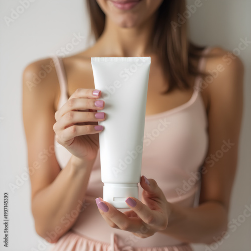 Mockup holding by woman of advertising product. Generative ai.