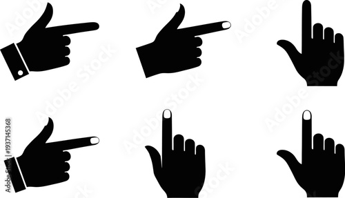 collection of black silhouettes of hands with white details pointing in different directions on white background