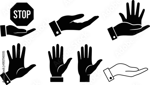 black silhouettes of hands with various gestures and one stop sign