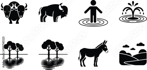 Nature and wildlife silhouette icon set, bison, donkey, water ripple, tree reflection, fountain landscape black and white