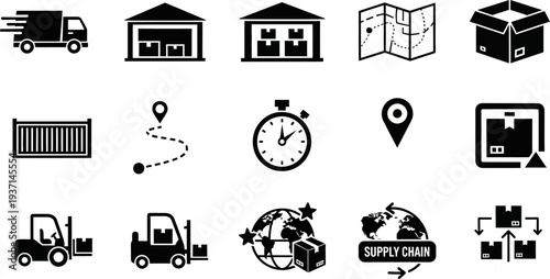 Logistics and supply chain management icons set including trucks warehouses maps and shipping symbols
