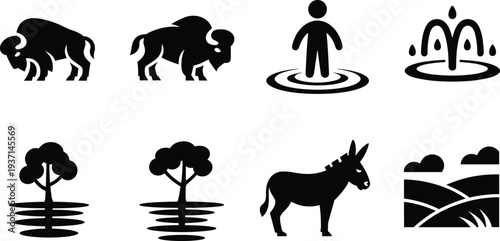 Nature and wildlife silhouette icon set, bison, donkey, tree, water ripple, fountain landscape black and white vector