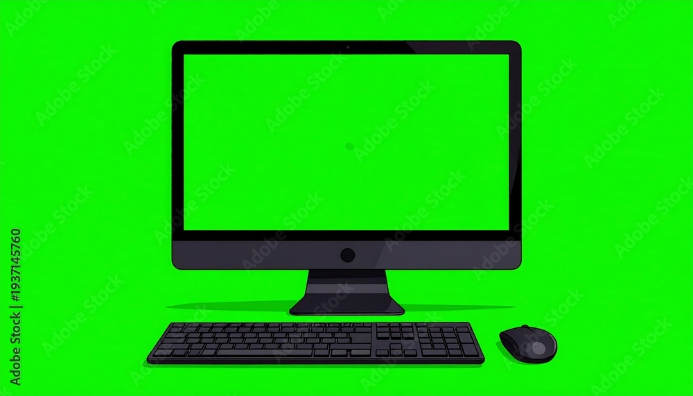 Fototapeta premium A sleek, dark computer with keyboard and mouse, framed by a vibrant green screen backdrop in a digital, flat design