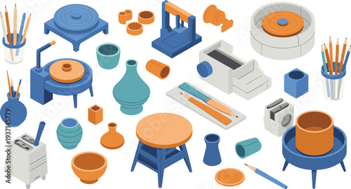 Pottery workshop equipment set with pottery wheel ceramic vases tools clay shaping machines pencils studio craft illustration collection