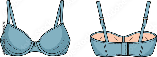 Women padded underwire bra front and back view technical fashion illustration, adjustable strap lingerie design template underwear apparel flat sketch