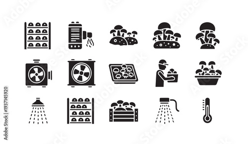 Mushroom cultivation and climate control icons for agriculture and business