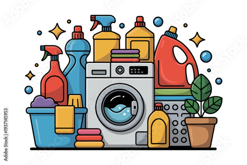 A colorful illustration of cleaning supplies and a washing machine