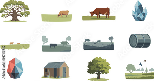 Rural countryside farming vector illustration set, cows grazing, trees, barn, pasture landscape, nature agriculture icons collection design
