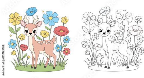 Cute baby deer in floral meadow coloring page. Vector illustration of cartoon fawn with colorful flowers and black and white line art outline for kids.