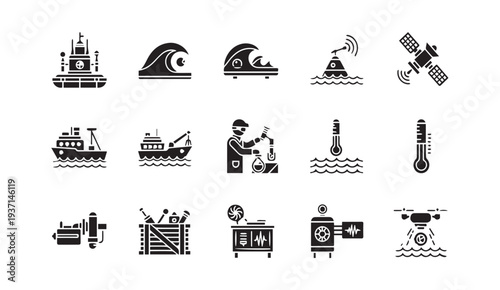 Ocean research icons set with marine technology and science