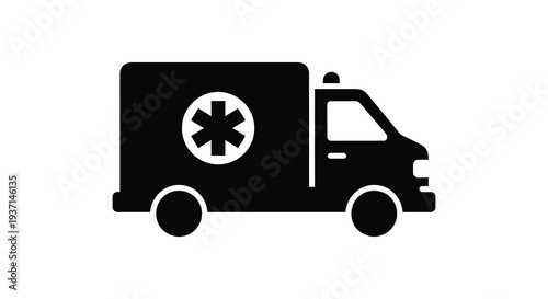 A stark black silhouette depicts an ambulance with a medical cross representing emergency services silhouette high quality professional