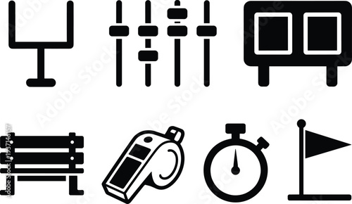 Sports and fitness equipment icon set including goal post weights scoreboard bench whistle stopwatch and flag simple glyph symbols