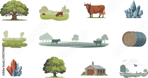 Rural farm landscape vector icon set, cow, tree, barn, pasture field, countryside nature farming illustration collection design