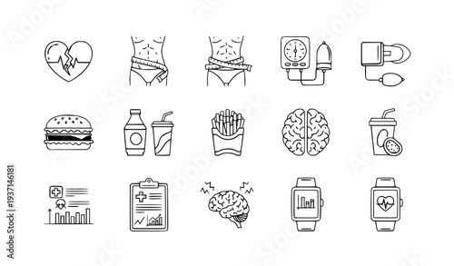 Healthcare lifestyle risk thin line icon set for obesity and medical awareness