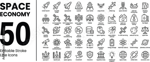 Space Economy Icon Set – Commercial Space, Satellite Industry, Space Exploration & Aerospace Business Vector Illustration
