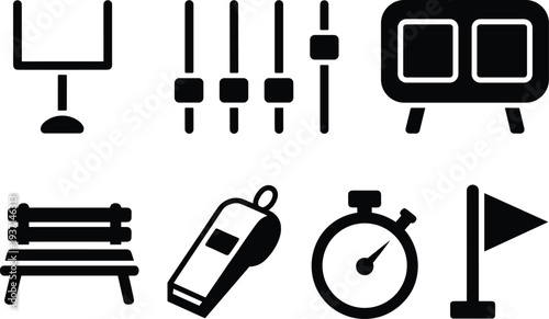 Sports and fitness icon set with goal post weights scoreboard bench whistle stopwatch and flag simple black glyph symbols