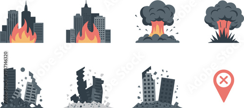 Urban disaster and explosion icon set, burning city, building collapse, blast damage, emergency hazard warning vector illustration