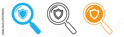 Magnifying glass icons with shield symbols in blue black and orange