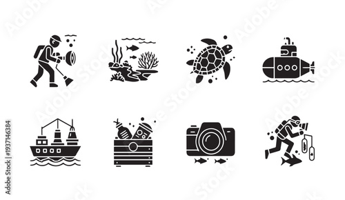 Underwater exploration and marine life icons in black and white
