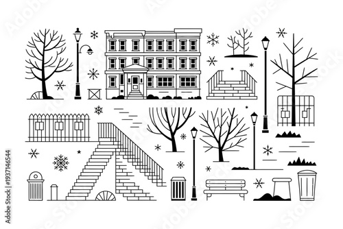 A winter street scene vector illustration with buildings and trees