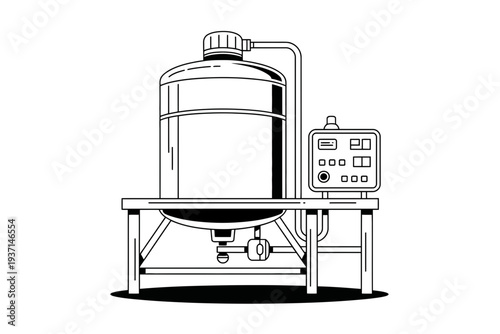 A large industrial water tank with a control panel on a table